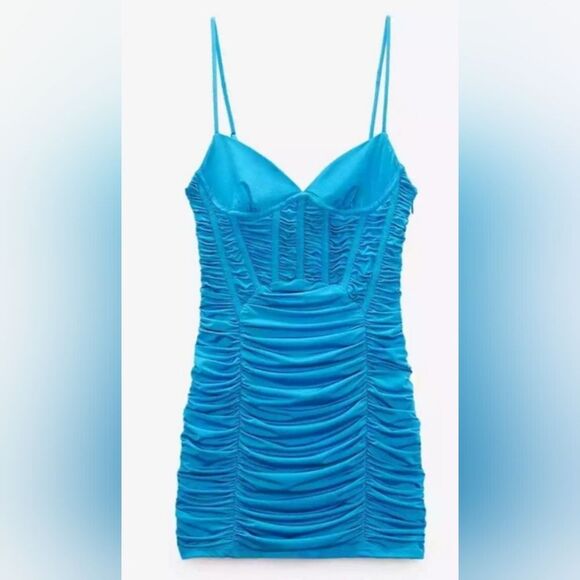 Zara Blue Draped Corset Style Mini Dress Size Medium Party Event Travel - Picture 3 of 7